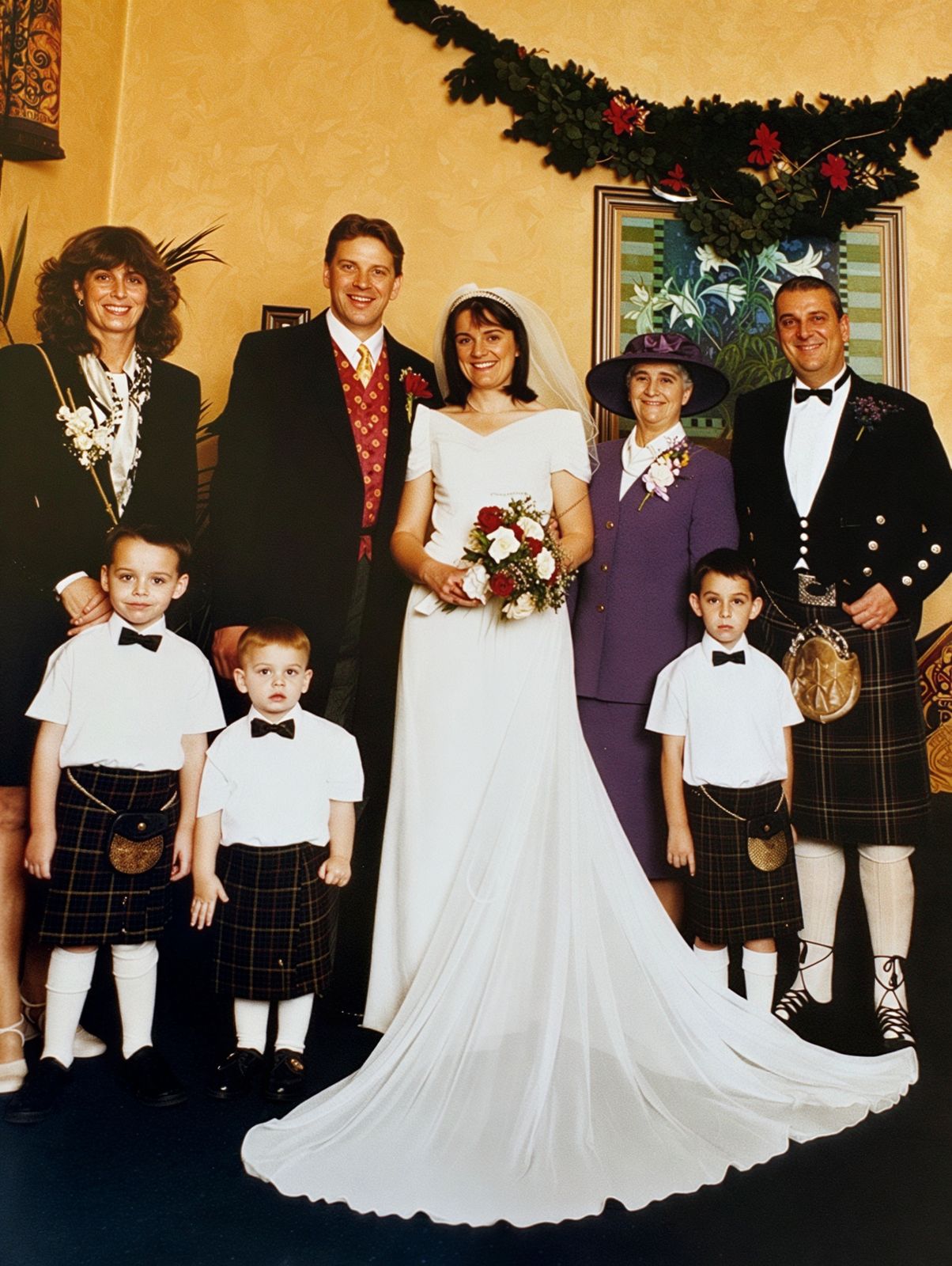 My sister Lynn's wedding to Martin Pratt in Glasgow, December 1998: Clare, Calum, Ewan, Martin, Lynn, Mum, Alisdair and me.