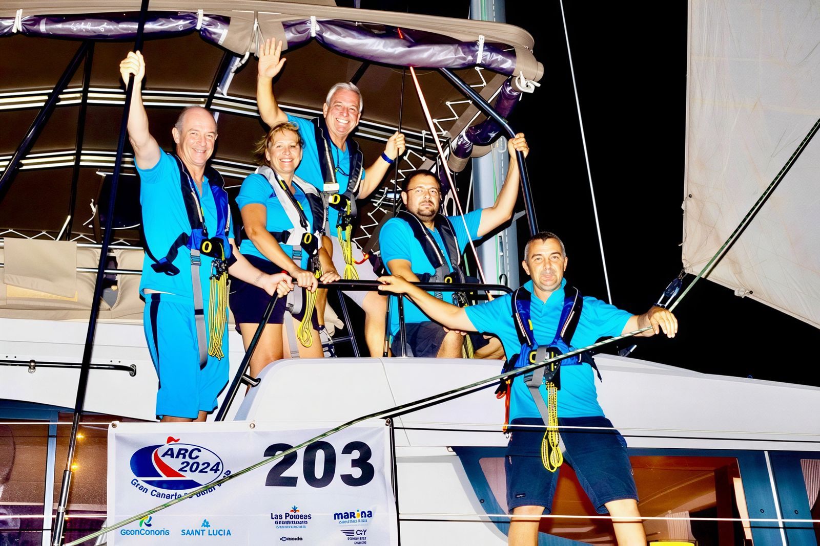Crossing the finish line of the Atlantic Rally for Cruisers at Rodney Bay, St Lucia, in December 2024, after almost twenty days at sea from Las Palmas: Simon Johnston, Hiltsje Pritchard, me, Iakov Ivakhenko and Rohan Day.