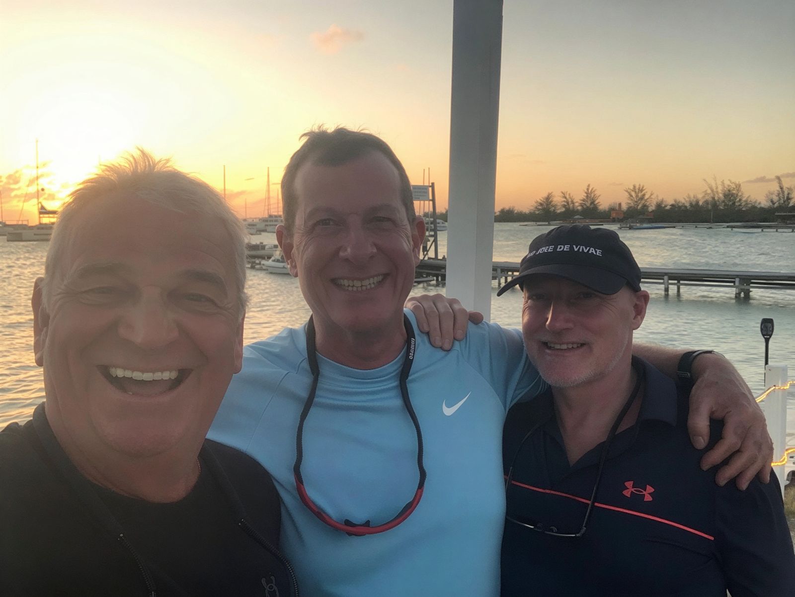 With Phil Skevington and Chas Mackintosh at the Anegada Reef Hotel, Anegada, British Virgin Islands, in February 2025.