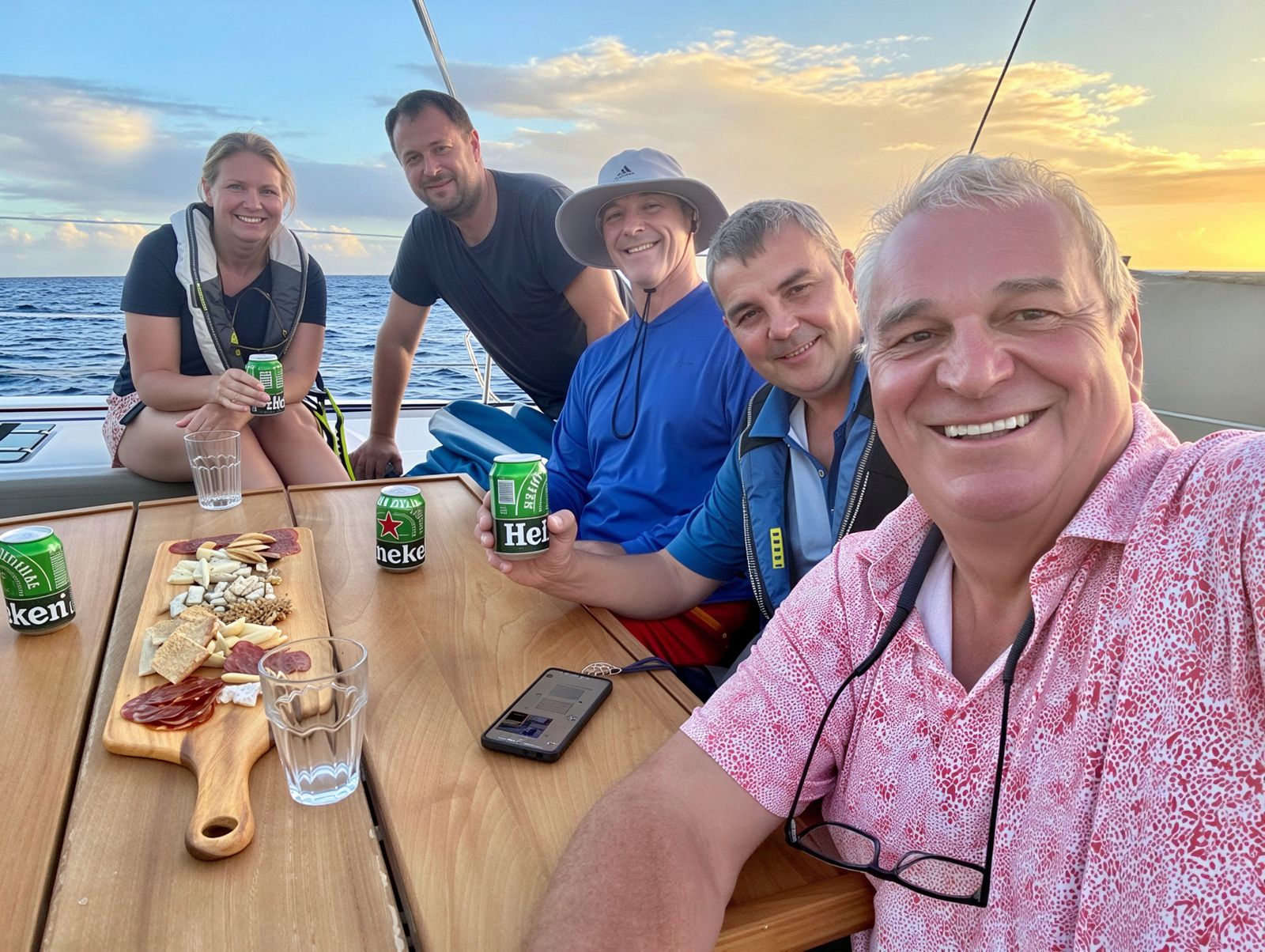 Sundowner on Joie de Vivre in mid-Atlantic with Hiltsje Pritchard, Iakov Ivakhenko, Simon Johnston and Rohan Day.